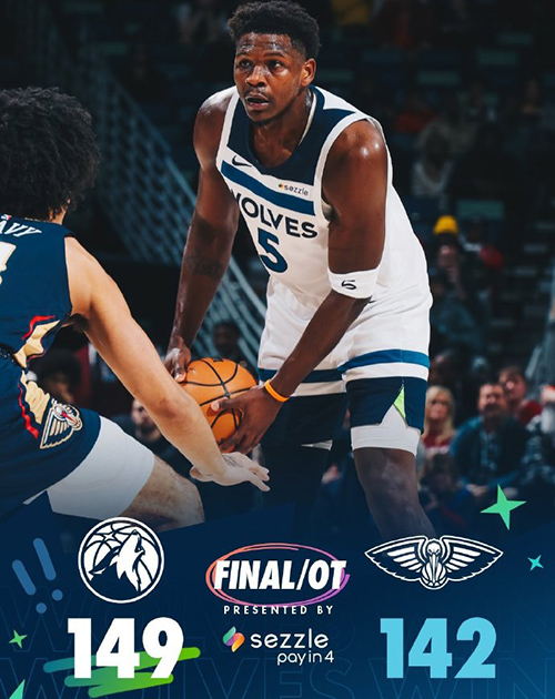 森林狼149-142加时险胜鹈鹕,华子44分,戈贝尔26+13,墨菲33+15