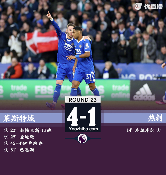 热刺1-4莱斯特城 本坦库尔破门+伤退伊希纳乔传射